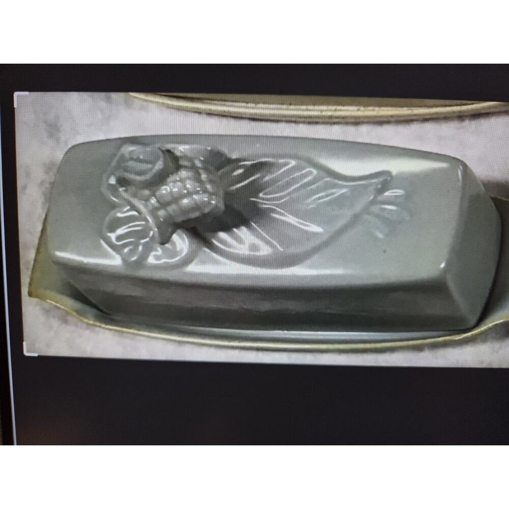 Vintage Red Wing Pottery Blue Butter Dish with Acorn Motif